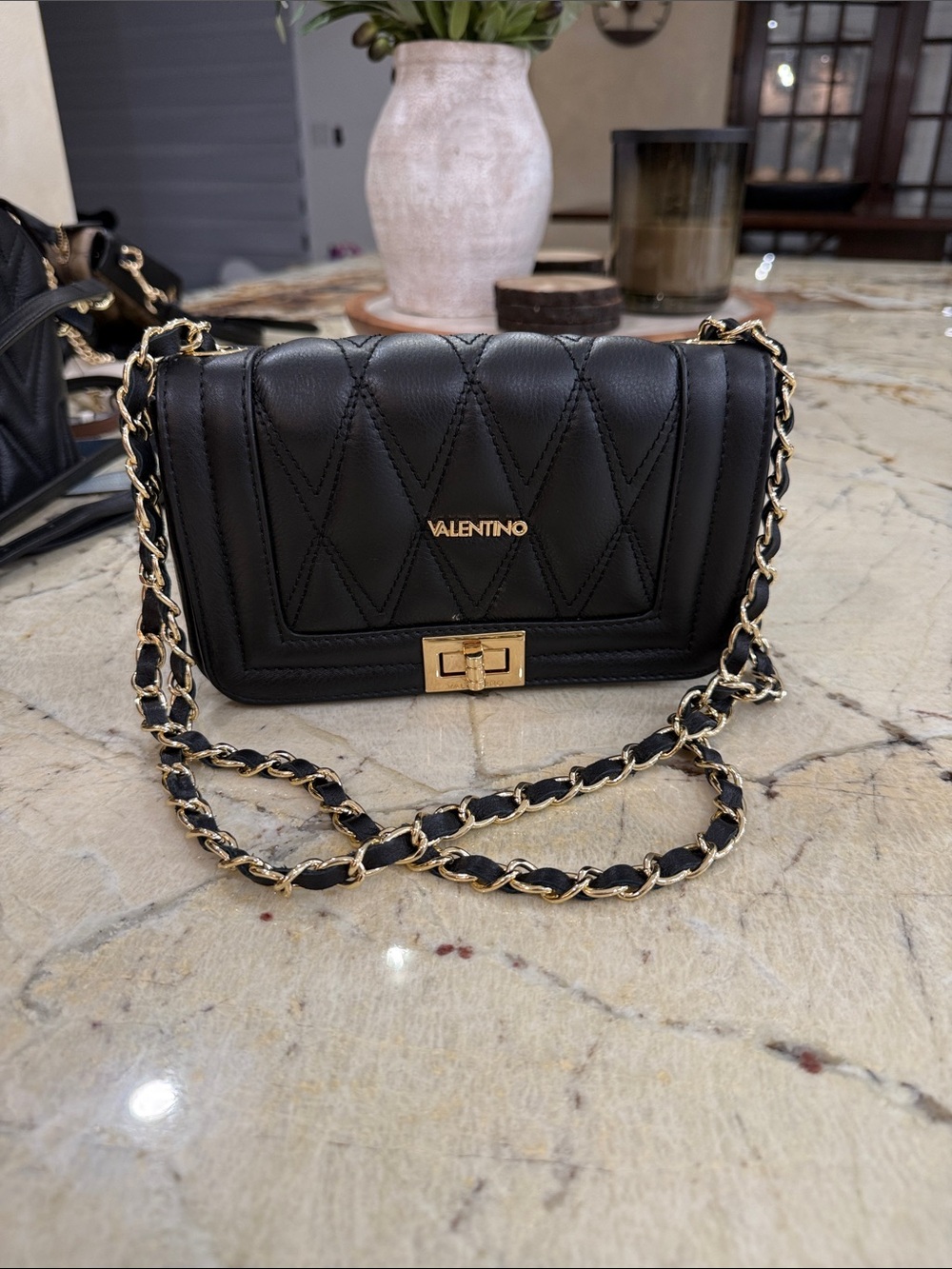 Valentino Black Quilted Leather Crossbody with Gold Chain